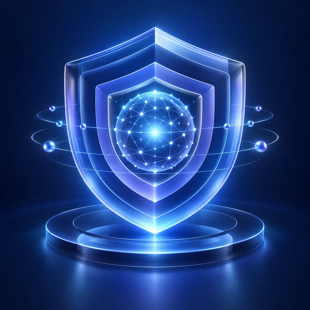 A glowing shield surrounding a network sphere, representing secure, connected architecture.